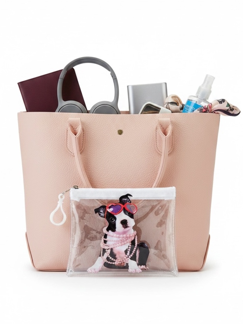 Boston Terrier Pink Pearl Necklace Heart Sunglasses Dog 6" Makeup Cosmetic Bag